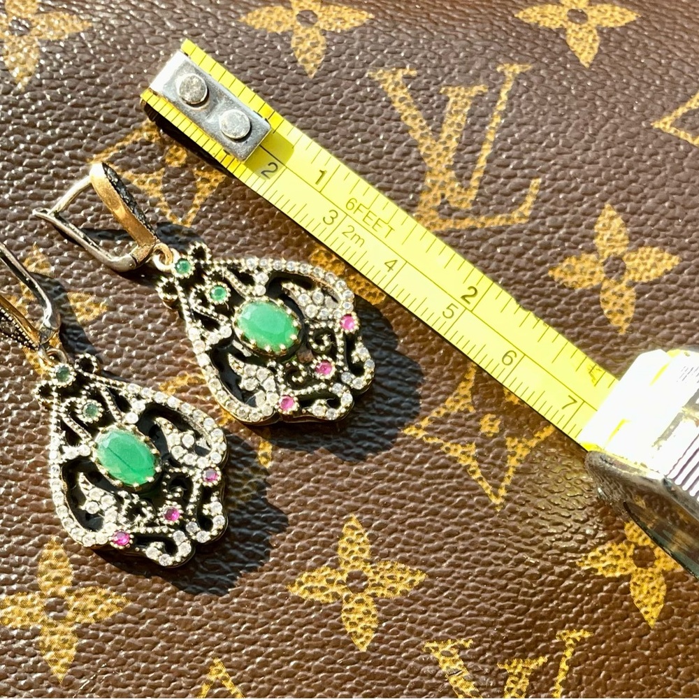 Turkish Emerald Ruby .925 Sterling Silver Earrings - image 3